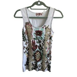 Beaded Oliver by Escio Anthropologie White Tank Top Colorful Floral Medium Boho